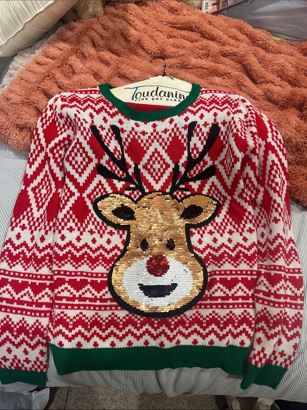 Women’s Red & Cream Reindeer Sequin Crew Neck Sweater